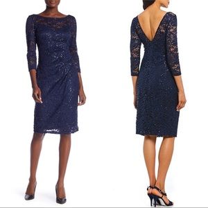 NWT Marina Sequin Lace 3/4 Sleeve Navy Dress Sz 6